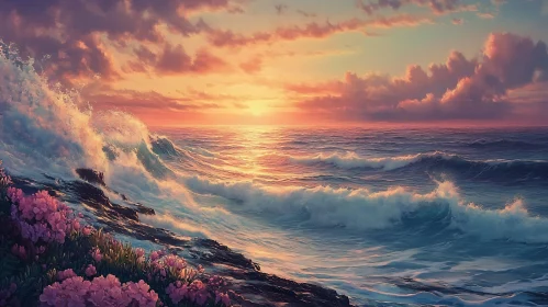 Seascape at Dusk with Waves and Flowers