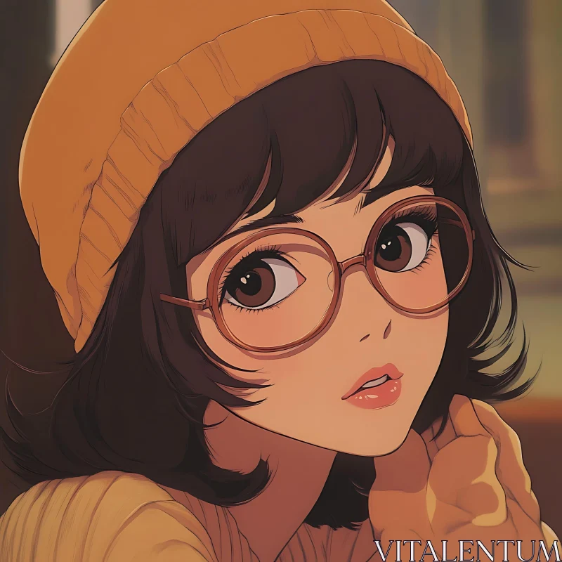 Anime Girl with Brown Glasses and Yellow Beanie AI Image