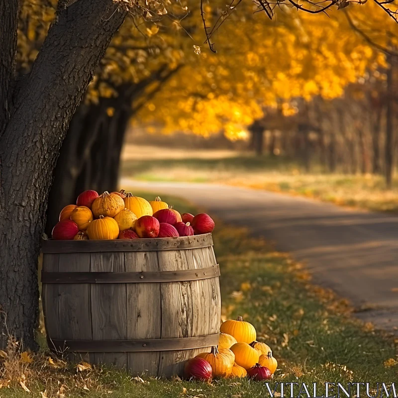 Pumpkins and Apples in Fall Landscape AI Image