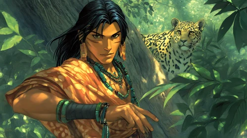 Man with Leopard in the Jungle