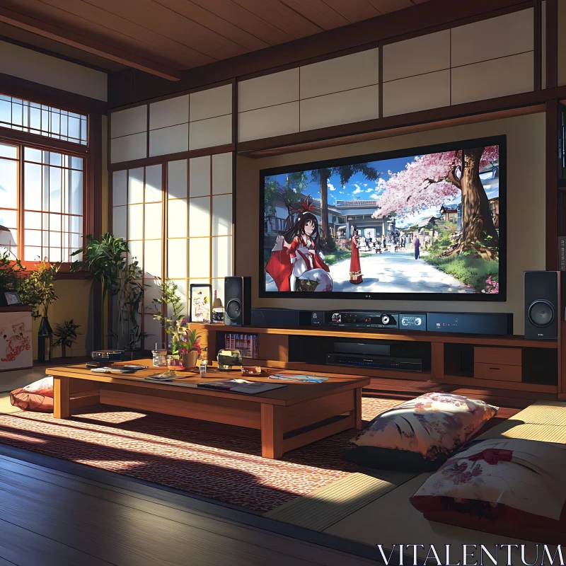 Traditional Japanese Room with Anime Display AI Image