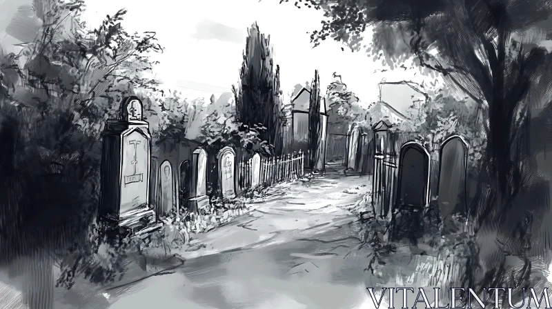 Monochrome Cemetery Art with Trees AI Image