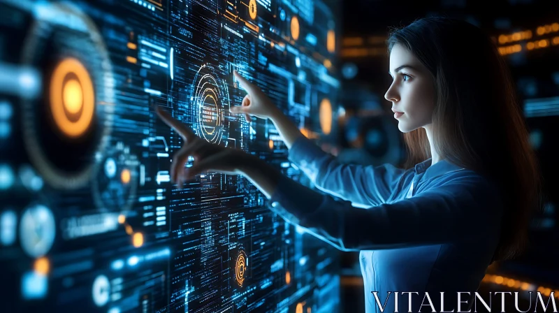 Woman Navigating Digital Data Screen AI Image