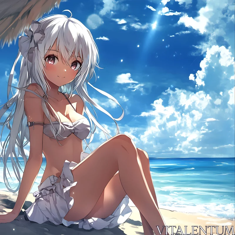 Anime Beach Scene with White-Haired Girl in Bikini AI Image