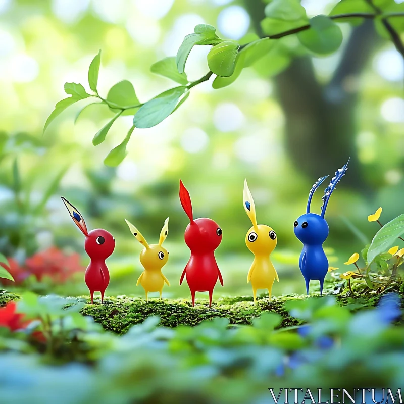 Whimsical Pikmin Gathering in Forest AI Image