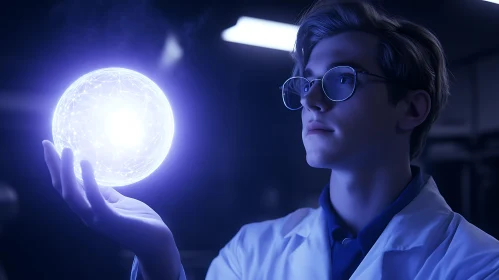 Person with Glowing Orb in Dark Room