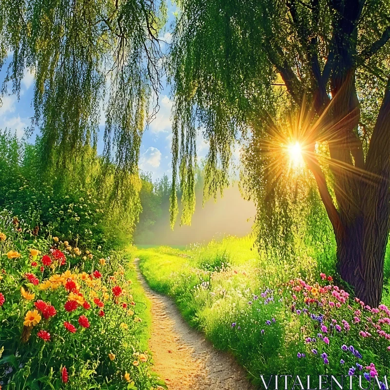 AI ART Meadow Path with Flowers and Sunlight