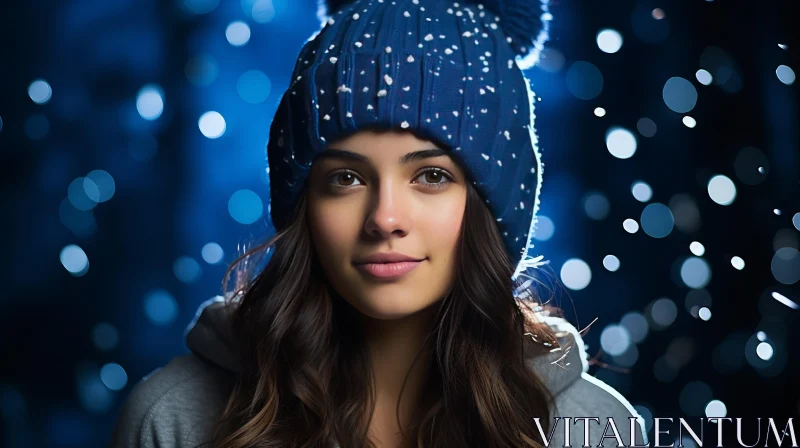 Captivating Artwork: Beautiful Woman in Blue Beanie with Ice Flakes AI Image