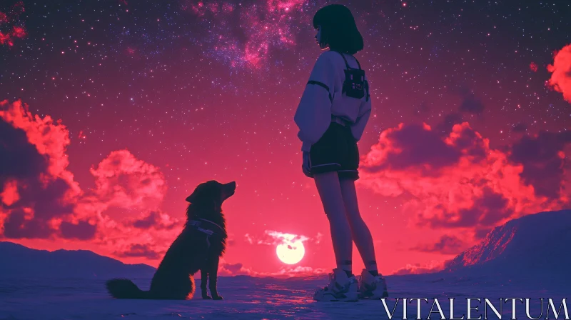 AI ART Girl and Dog at Sunset