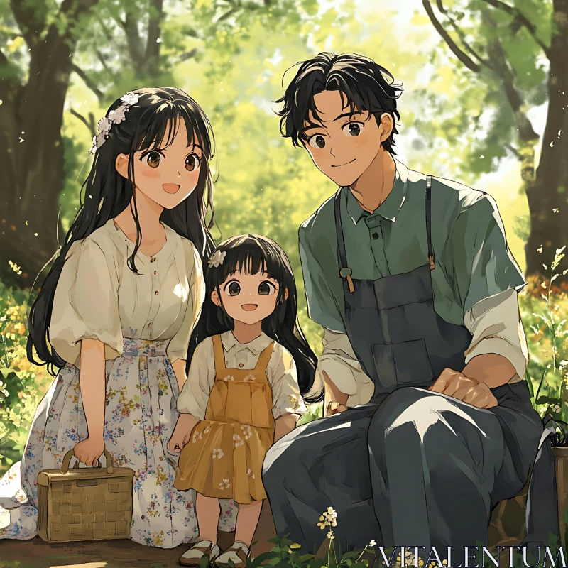 Anime Family Enjoying a Day in the Forest AI Image