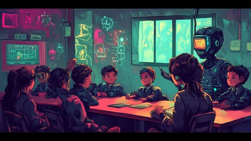 Robot Teaching Children in Neon Classroom