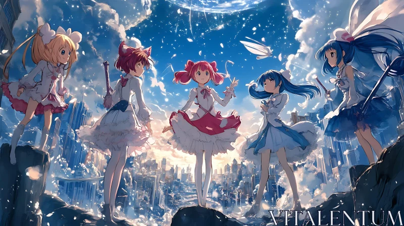 Magical Girls in a Fantasy City AI Image