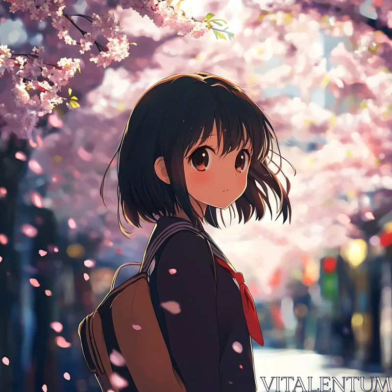 Springtime Anime Scene with Cherry Blossoms AI Image