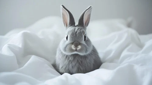 Grey Bunny Relaxing on White Sheets