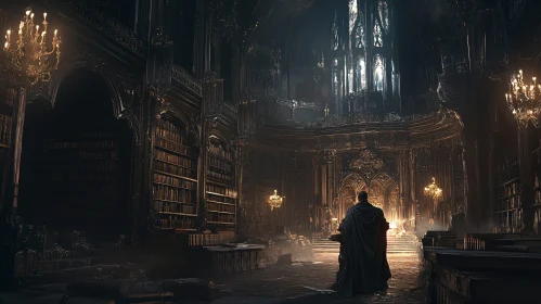 Dark Library with Central Figure