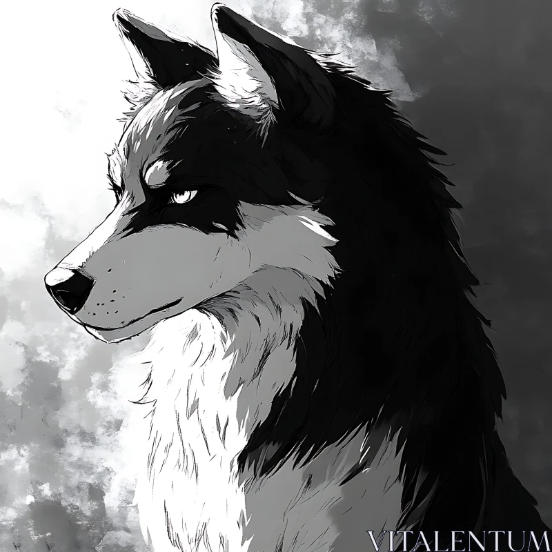 Monochrome Wolf Illustration with Intense Gaze AI Image