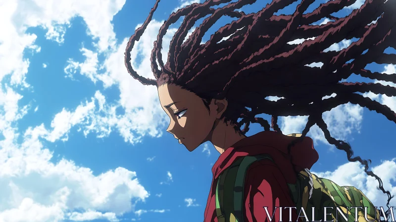 Windy Day in Anime: Flowing Dreadlocks and Blue Skies AI Image