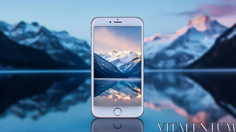 Mountain Reflection on Phone Screen AI Image