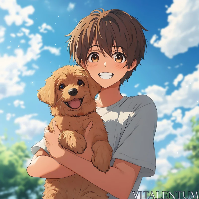 Joyful Anime Scene with Boy and Dog AI Image