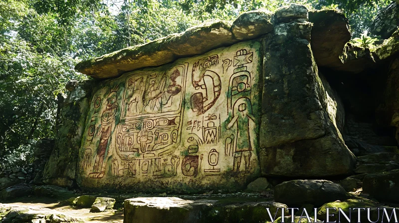 AI ART Forest Stone with Ancient Hieroglyphs