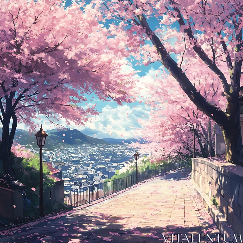 Serene Cherry Blossom Pathway with Scenic Town View AI Image