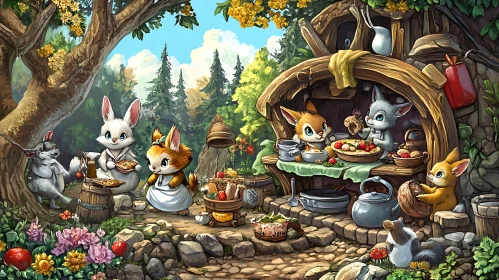 Cartoon Animals Cooking in Forest