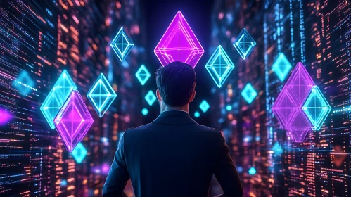Digital Frontier: Man and Neon Geometry
