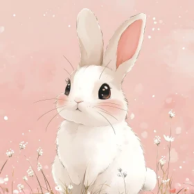 Cute White Rabbit in Pink Meadow