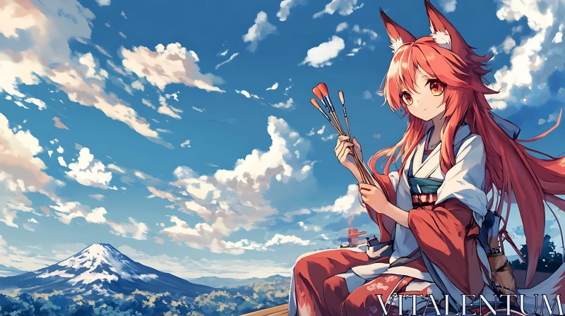 Anime Fox Girl With Paintbrushes Overlooking Mountains AI Image