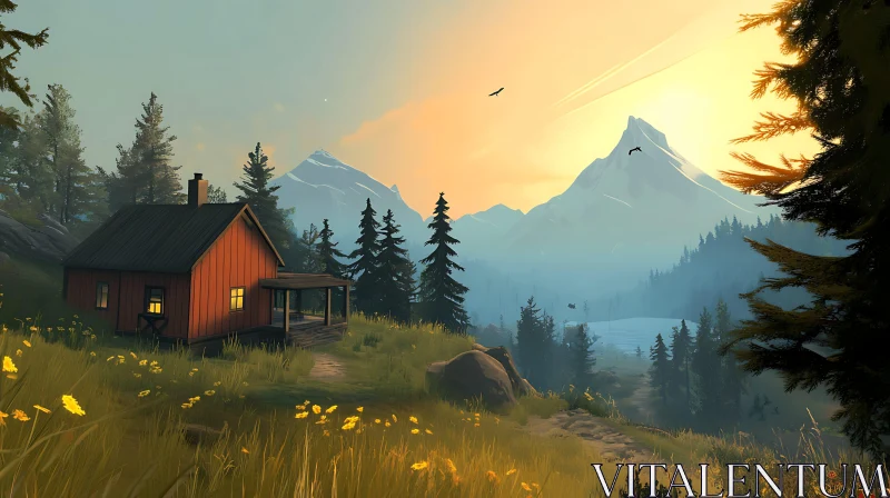 AI ART Mountain Cabin Sunset View