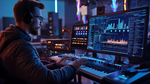 Man Composing Music with Synthesizer