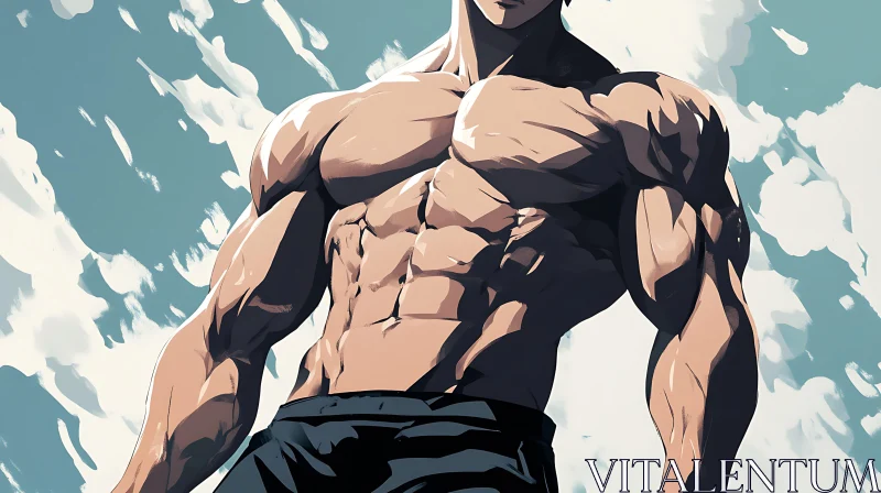 Chiseled Anime Character Against Cloudy Backdrop AI Image