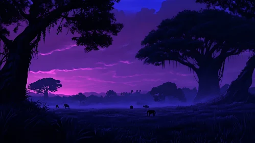 Purple Sunset Landscape with Animals