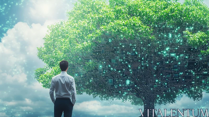 Man Contemplates the Circuit Board Tree AI Image