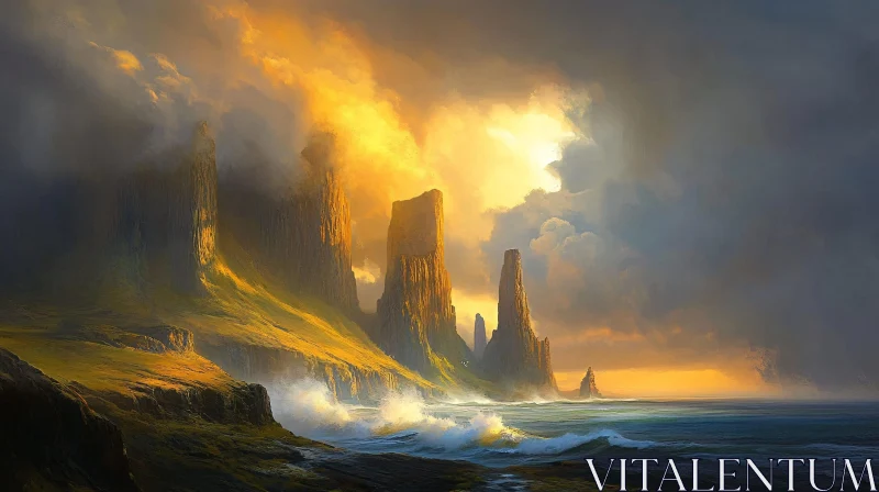 AI ART Golden Sunset Over Majestic Cliffs by the Sea