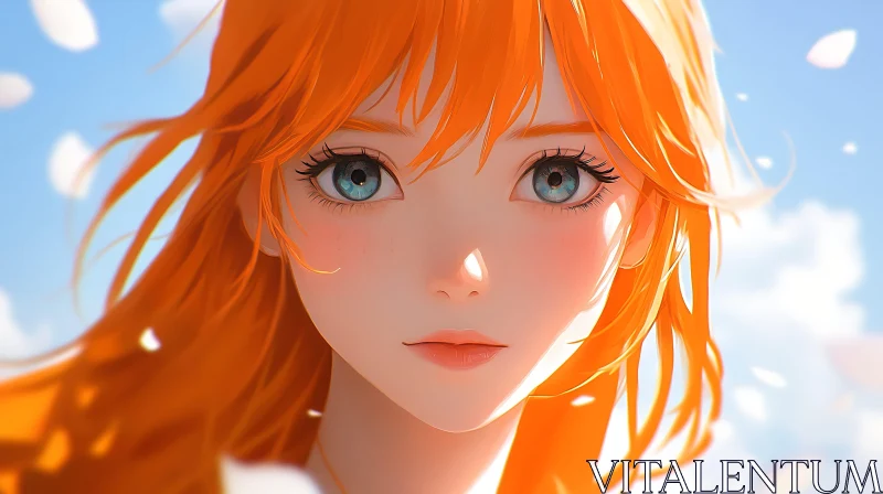 Ethereal Anime Girl with Orange Hair and Floating Petals AI Image