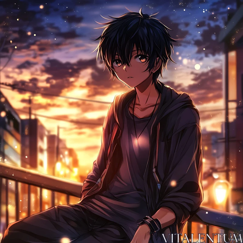 AI ART Anime Character in Sunset Cityscape