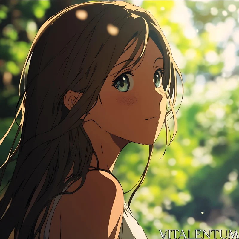 Serene Anime Girl in Lush Green Forest AI Image