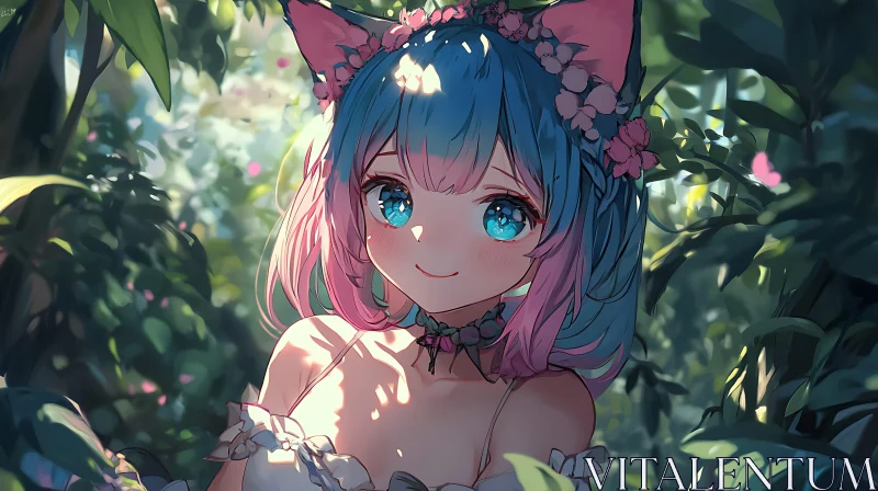 Enchanting Anime Girl in Forest Setting AI Image