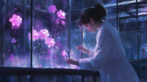 Woman's Floral Art on Glass