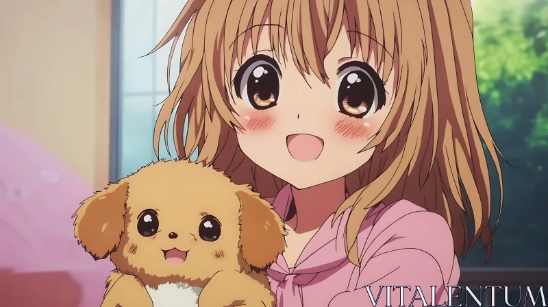 Joyful Anime Character Holding a Fluffy Dog AI Image