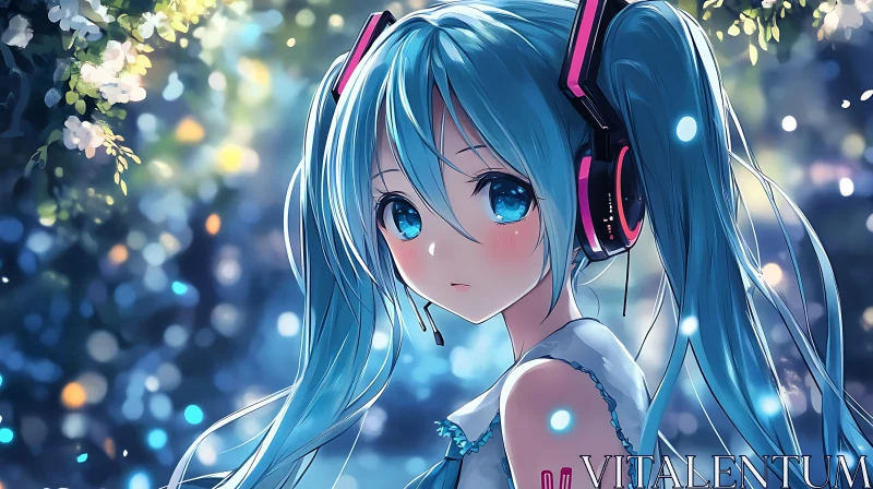 Blue-Haired Anime Girl with Headphones AI Image