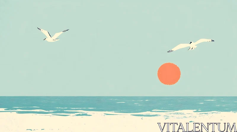 AI ART Minimalist Seagull Sunset Seascape