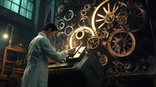 Man Working on Gears Machine