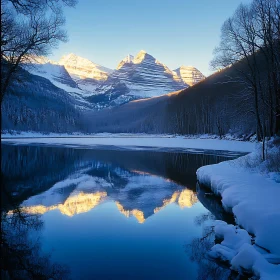 Snowy Peaks Reflected in Frozen Lake