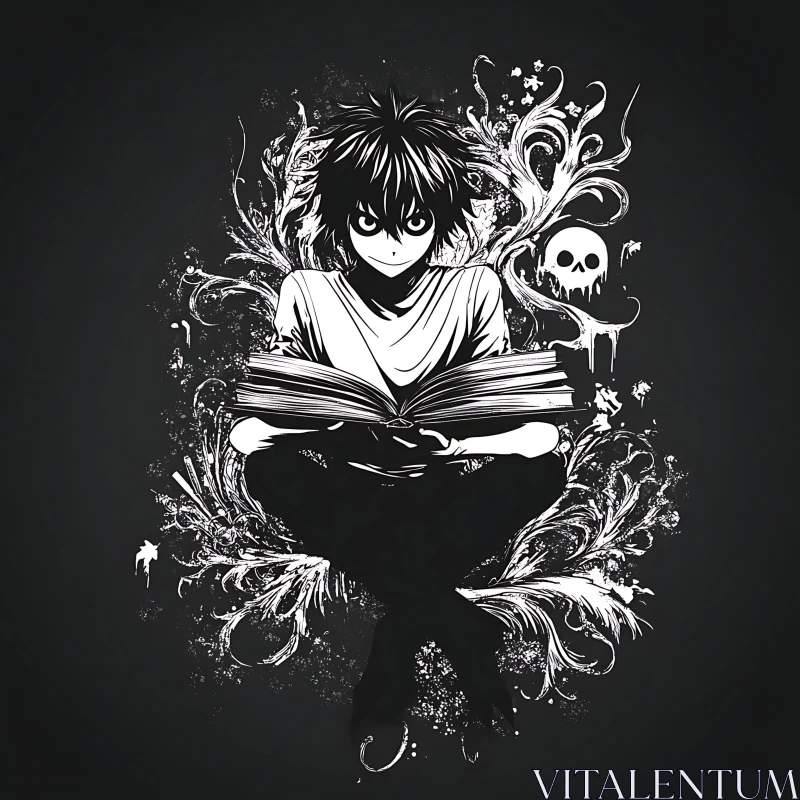 Stylized Anime Character with Book and Skull AI Image