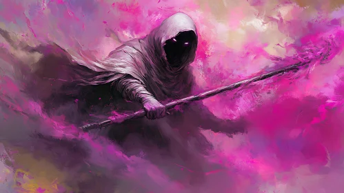 Mystic Figure with Staff, Pink Aura