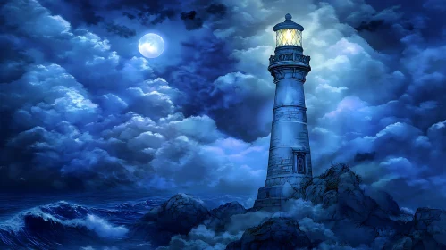 Moonlit Lighthouse at Night