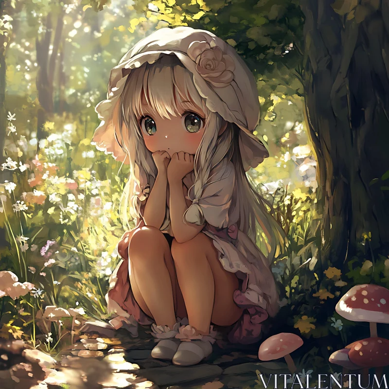 Anime Girl in Sunlit Forest with Mushrooms AI Image