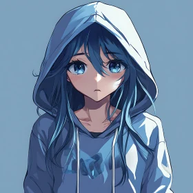 Melancholic Anime Girl in Blue Hoodie